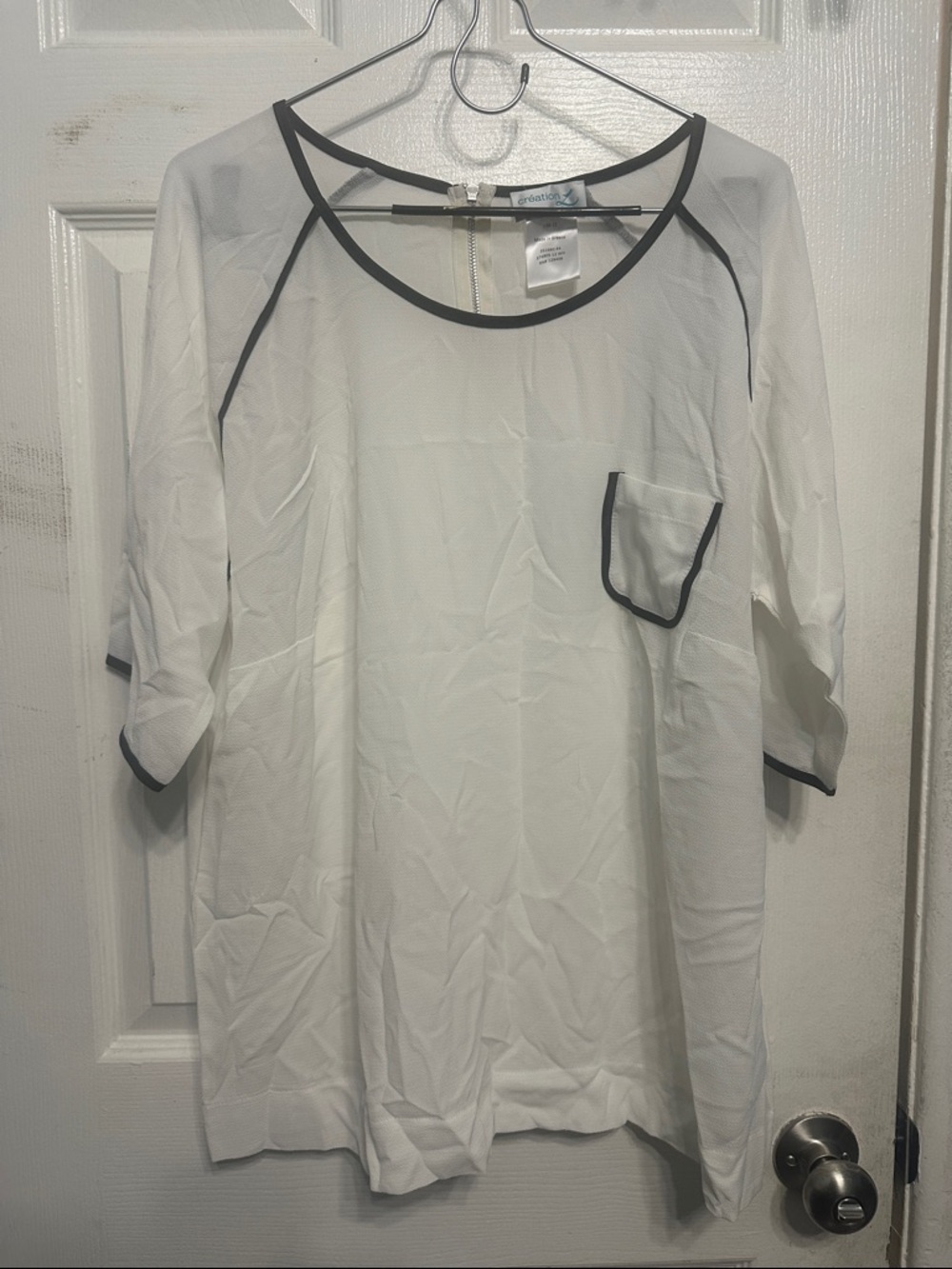White Sheer Pocket Blouse with Black Trim
